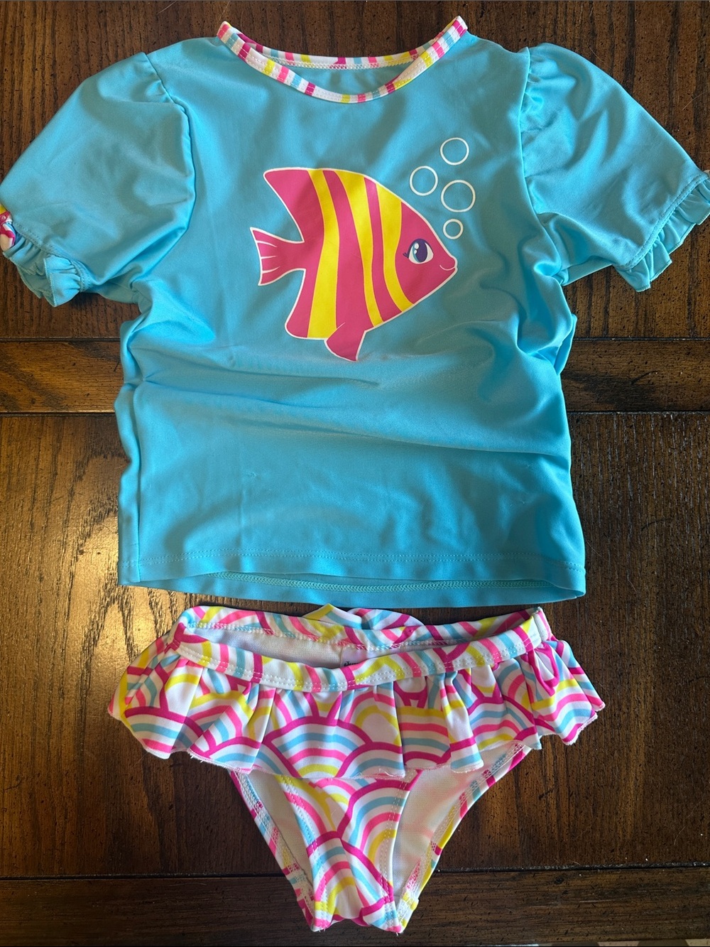 Girls' Blue Two-Piece Swim Set with Pink & Yellow Fish
